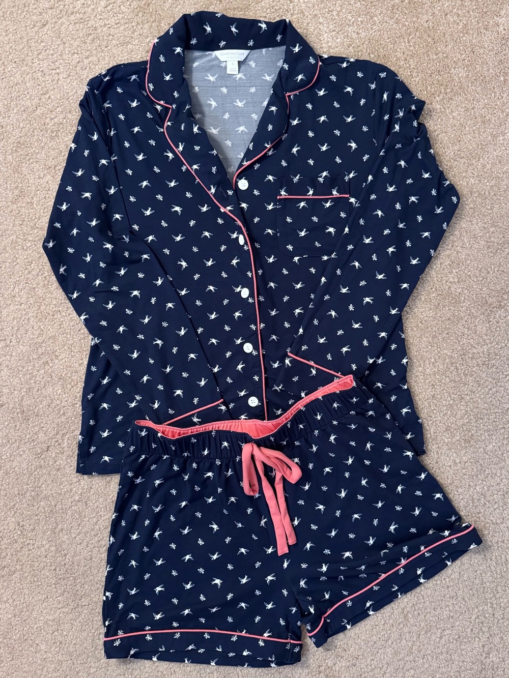 Charter Club Macy’s Notch Collar with Shorts Pajama Set Navy blue Coral Trim